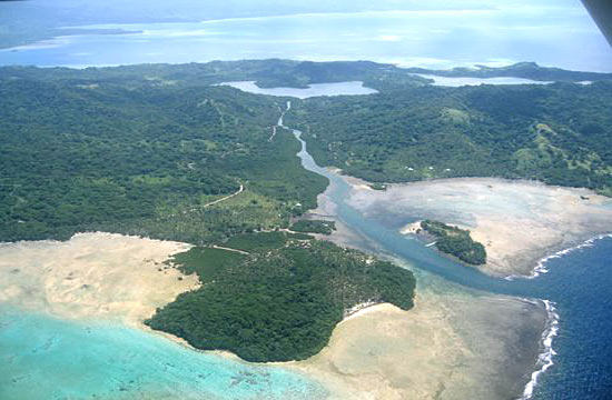 Aerial View over the coral reefs, unique salt lakes and Natewa Bay (top)