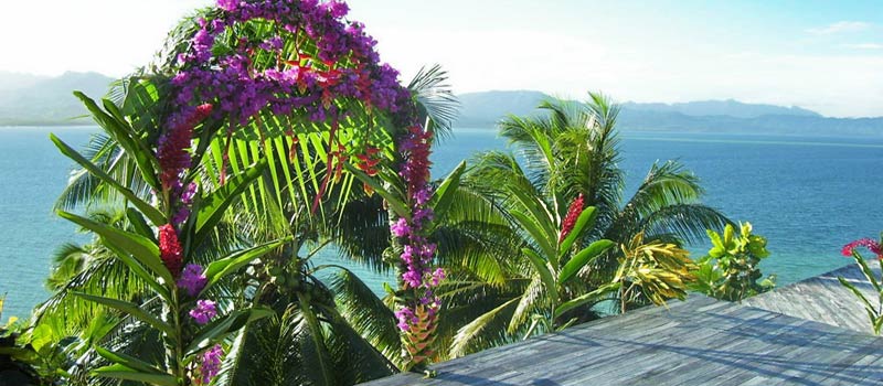 Wedding Arch adorned by tropical flowers frame a heavenly view